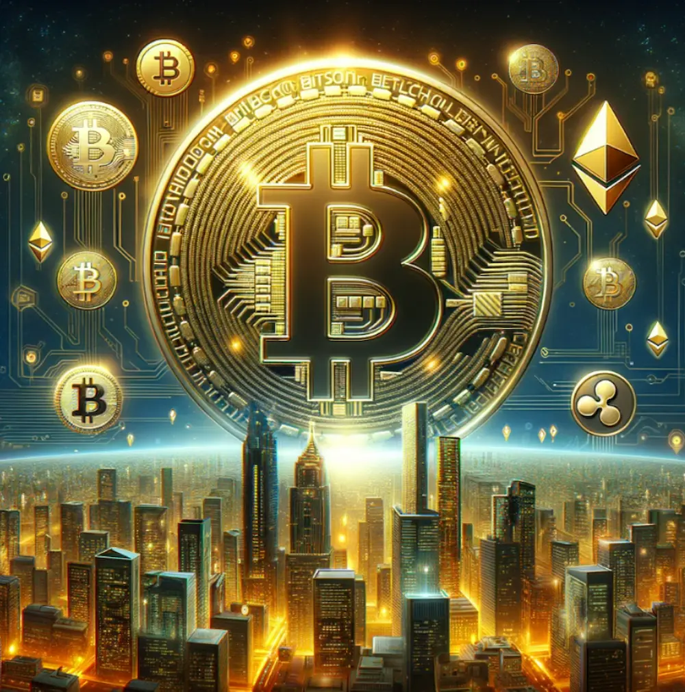 Illustration of a golden Bitcoin symbol towering over a cityscape of various smaller cryptocurrency symbols, symbolizing Bitcoin dominance.
      