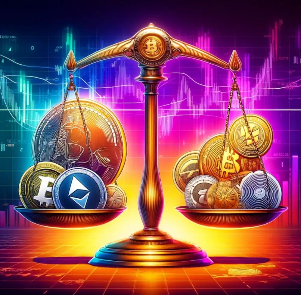 Illustration of a golden Bitcoin symbol towering over a cityscape of various smaller cryptocurrency symbols, symbolizing Bitcoin dominance.
      