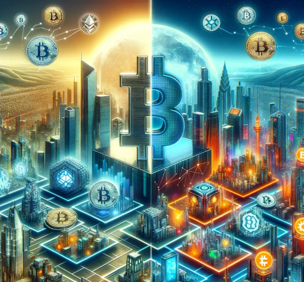 Illustration of a golden Bitcoin symbol towering over a cityscape of various smaller cryptocurrency symbols, symbolizing Bitcoin dominance.
        